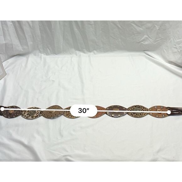 Leatherock Wide Brown Mixed Leather Ovals Joined Belt Boho 2059 M/L Fringe Tie - Picture 12 of 14